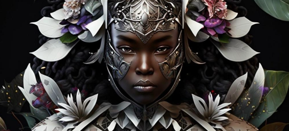 Dynamic character with ornate armor and floral elements