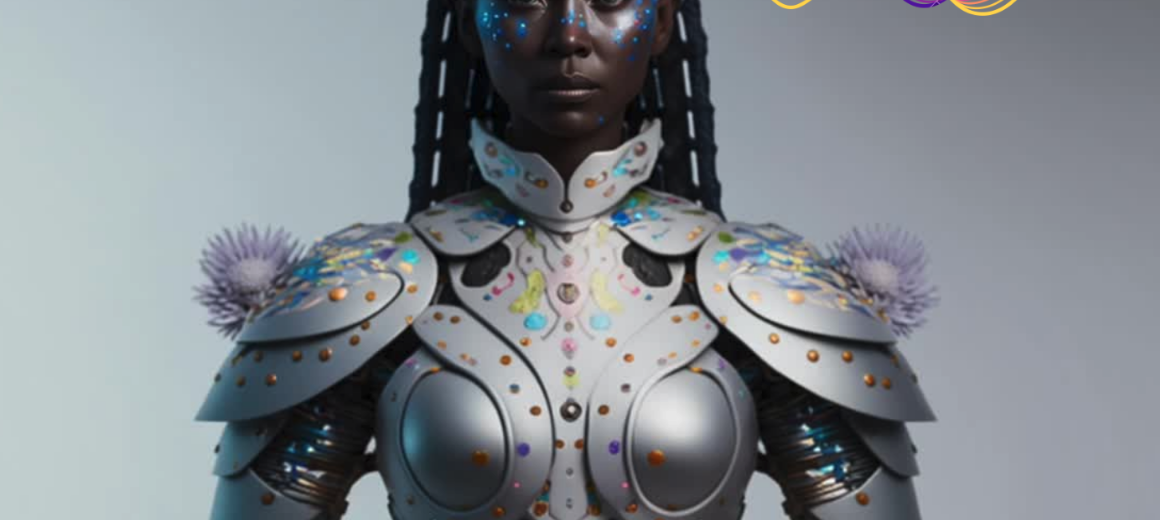 Dynamic character with jeweled armor and celestial markings