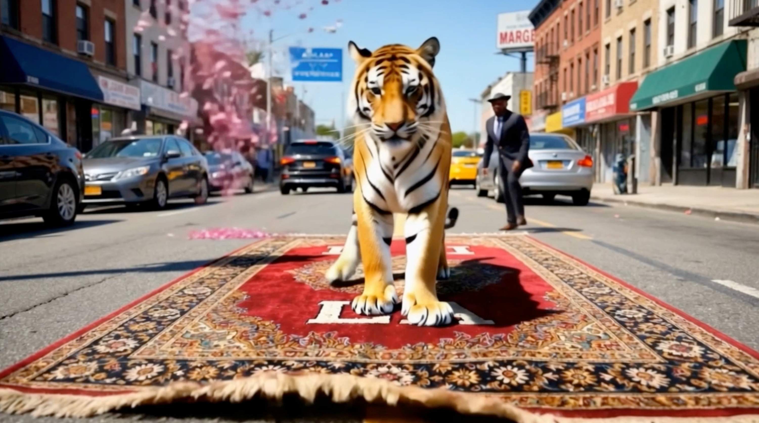 Tiger on rug street scene