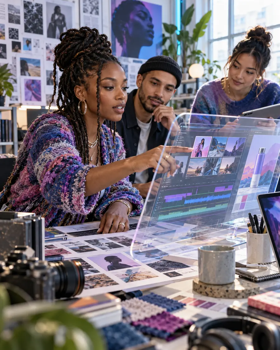 Creative founders collaborating around a digital production system