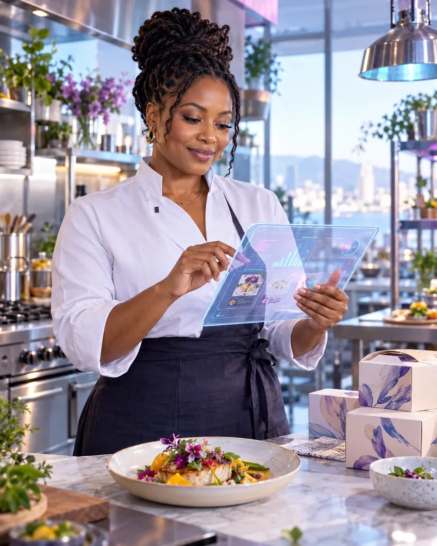 Culinary founder using an IPXS business system in her kitchen